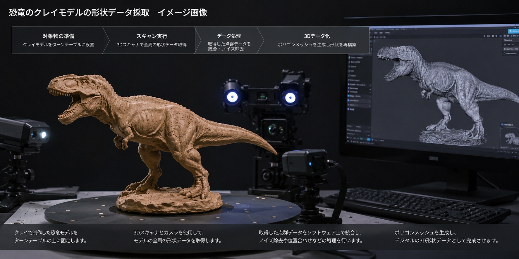 恐竜のクレイモデルの形状データ採取